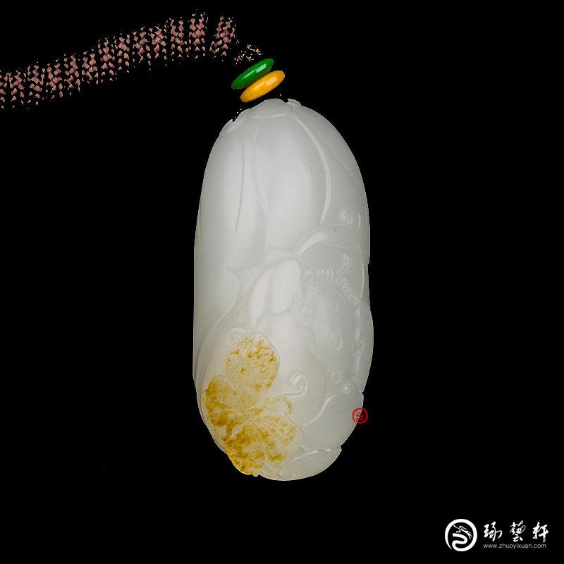 【琢藝軒】新疆和田玉灑金皮一級(jí)白玉籽玉掛件 蝶戀花 30克