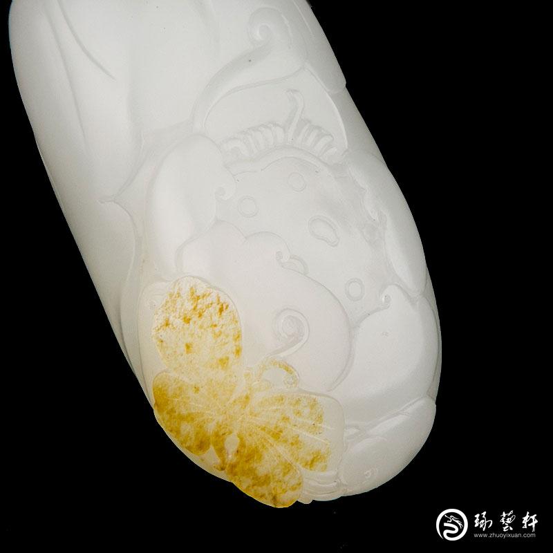 【琢藝軒】新疆和田玉灑金皮一級(jí)白玉籽玉掛件 蝶戀花 30克