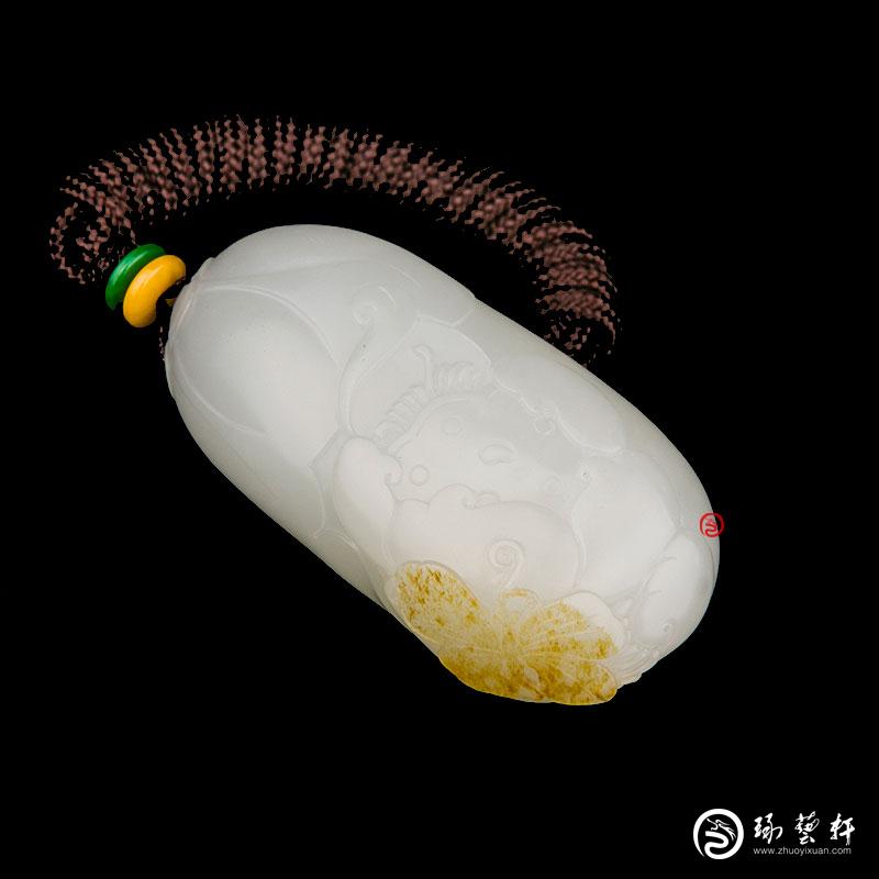 【琢藝軒】新疆和田玉灑金皮一級(jí)白玉籽玉掛件 蝶戀花 30克