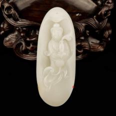 【琢藝軒】新疆和田玉黃皮白玉籽玉 掛件 觀音  28克