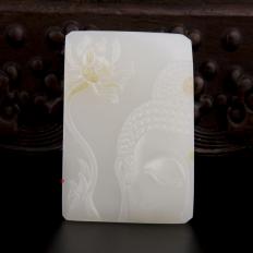 【琢藝軒】穆宇靜 新疆和田玉灑金皮一級白玉籽玉牌子 花開見佛 65克
